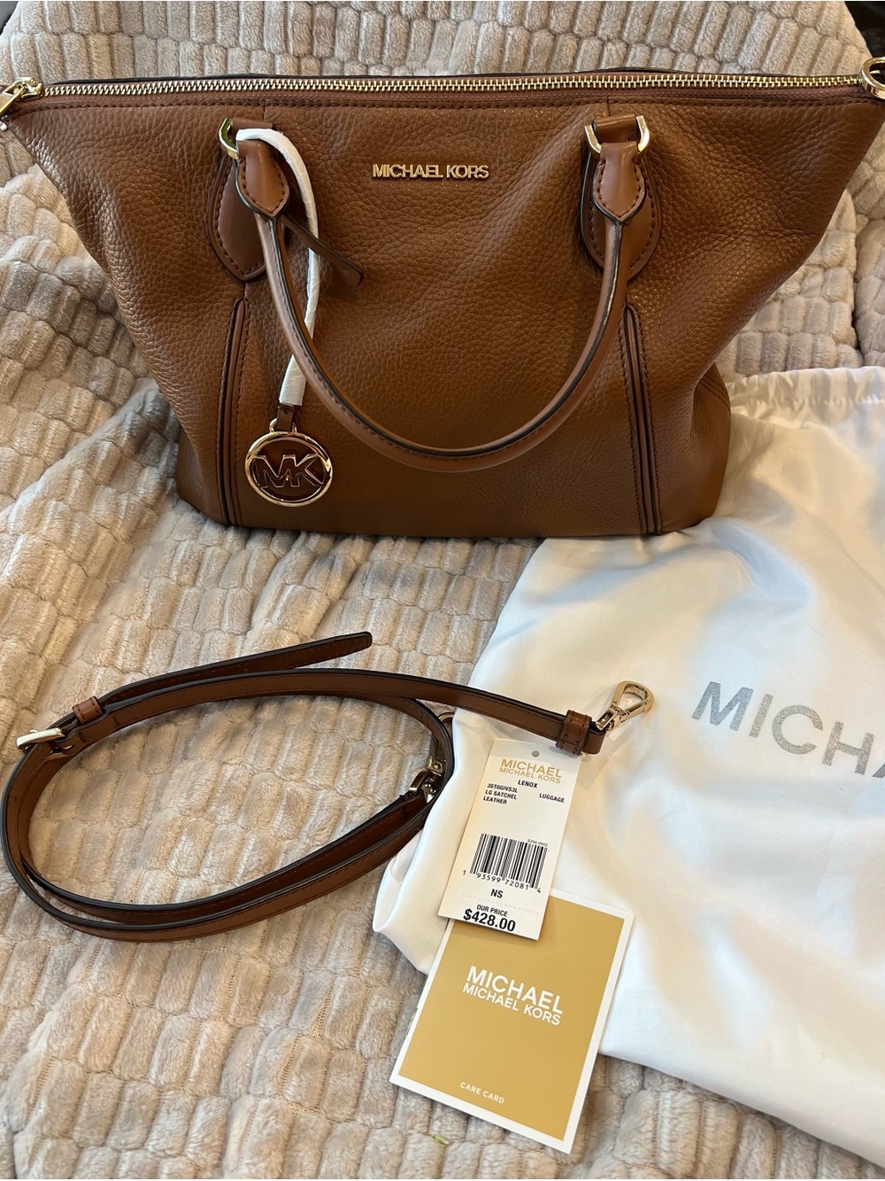 Michael Kors Lenox Brown Pebbled Leather large Satchel Handbag Crossbody Purse